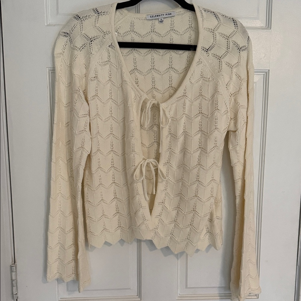 Celebrity Pink Cream Knit Sweater with Front Tie